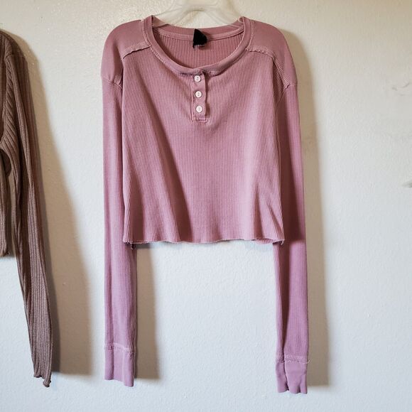 Long Sleeve Crop Top Womens XS/S Wild Fable Shein Pair 2 Pink Brown Waffle Knit - Picture 3 of 15